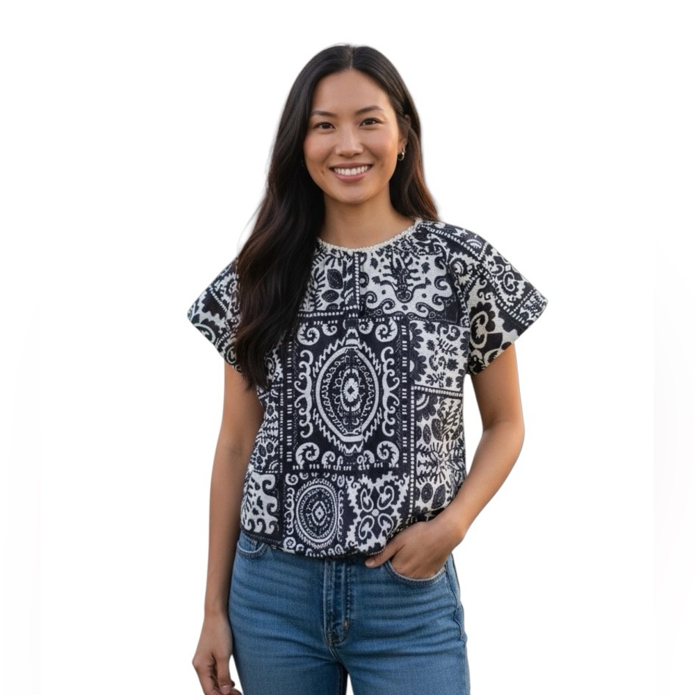 SHOL Los Angelas navy artsy whimsical hippie elastic waist puff sleeve shirt